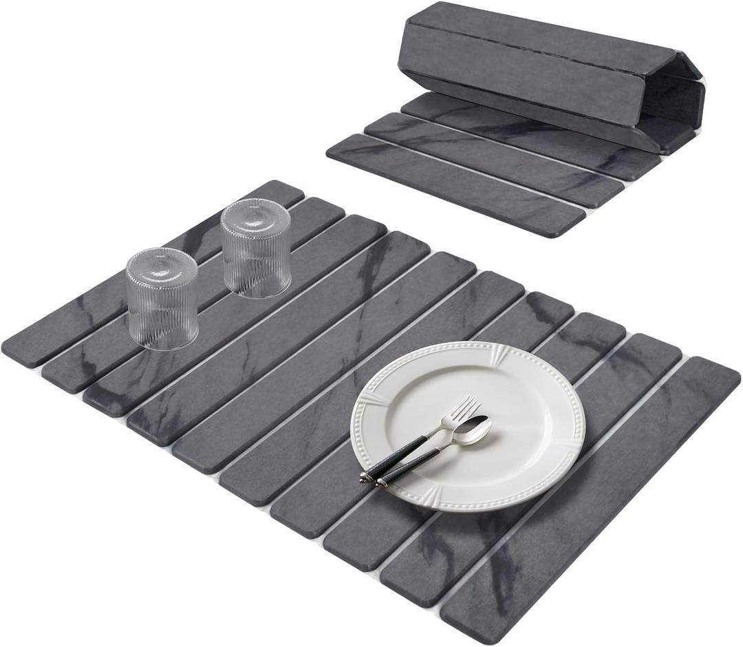 Large Stone Dish Drying Mats for Kitchen Counter, 24"(L)16"(W) Marble Pattern, Quick Dry Collapsible Dish Drying Mat, Eco-Friendly Absorbent Diatomaceous Earth Mat for Dishes Bottles Cups - Dark Gary