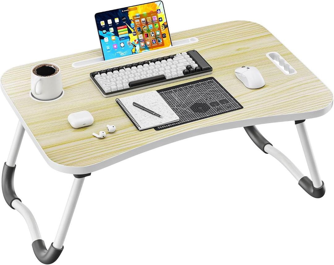 Folding Lap Desk, 23.6 Inch Wood Laptop Bed Desk with Cup Holder, Portable Bed Table for Working Writing Reading & Eating for Bed, Sofa, Couch, Floor - Beige