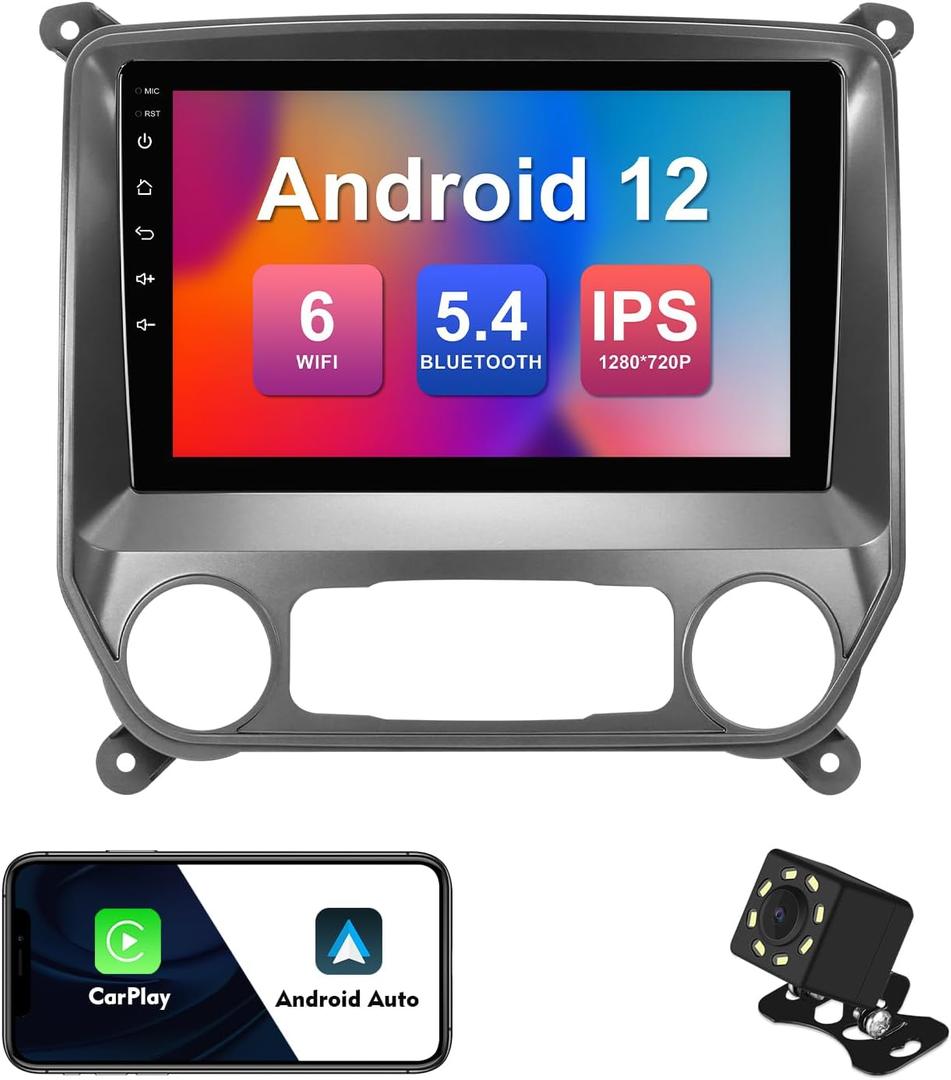 2+32G 9-inch Android 12 Car Stereo for Chevrolet Silverado/GMC Sierra 2014-2018 IPS Touchscreen Screen Car Radio with Carplay & Android Auto Support Backup Camera GPS FM Navi BT SWC
