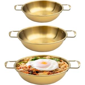 3 Korean Ramen Noodle Pot with Handles, Stainless Steel Everyday Pan, Golden Korean Cooking Pot for Soup, Noodle, Pasta, Home and Outdoor, Dishwasher Safe, Size 7.7", 9.25", 10"