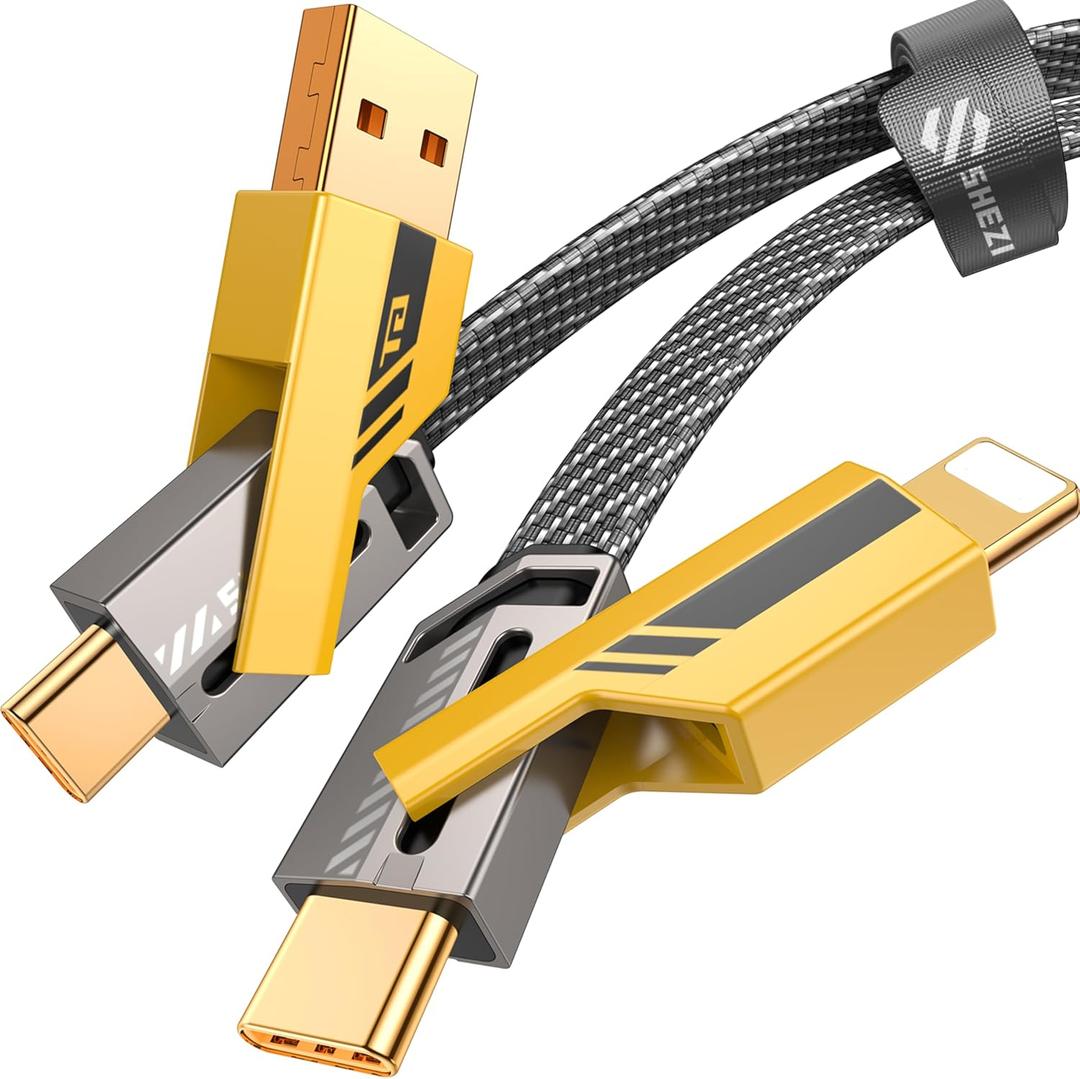SHEZI [Upgraded 2.0] 4-in-1 USB C Cable 60W 5FT Compatible with Lightning Cable [Fast Charging & Data Transfer] Flat Braided Multi Charger Cord Combo with L/USB C/A Port for iPhone/iPad & All Devices