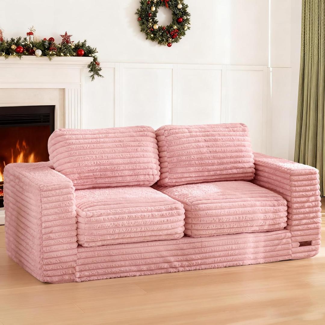 MAXYOYO Bean Bag Chair, Two-seat Bean Bag Sofa with Pillows and Armrests for Adults, Upholstered Loveseat Floor Sofa Couch Fluffy Chair Bean Bag Couch for Bedroom Living Room, Pink