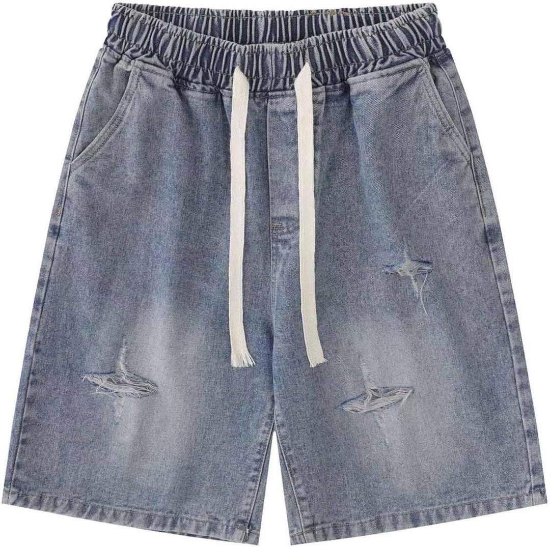 POHADON Y2K Blue Denim Shorts Summer Casual Loose Straight Leg Unisex Baggy Jeans Shorts Jorts Grunge Harajuku Streetwear (Small)