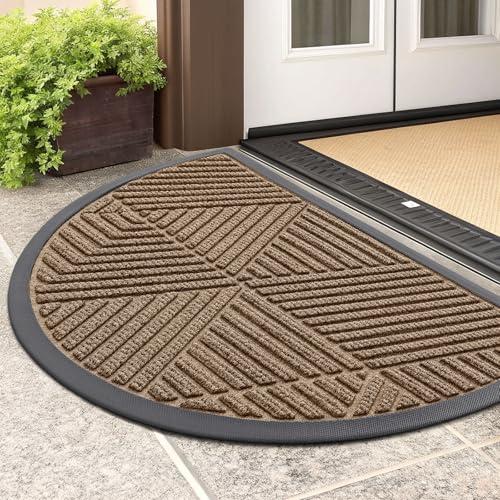 Smiry Half Circle Front Door Mat Outside Entrance, Heavy Duty Sturdy Natural Rubber Doormat, Trap Dirt and Moisture, Low Profile Mats for Indoor Outdoor Entry, Irregular Triangle (29.5x17, Brown)