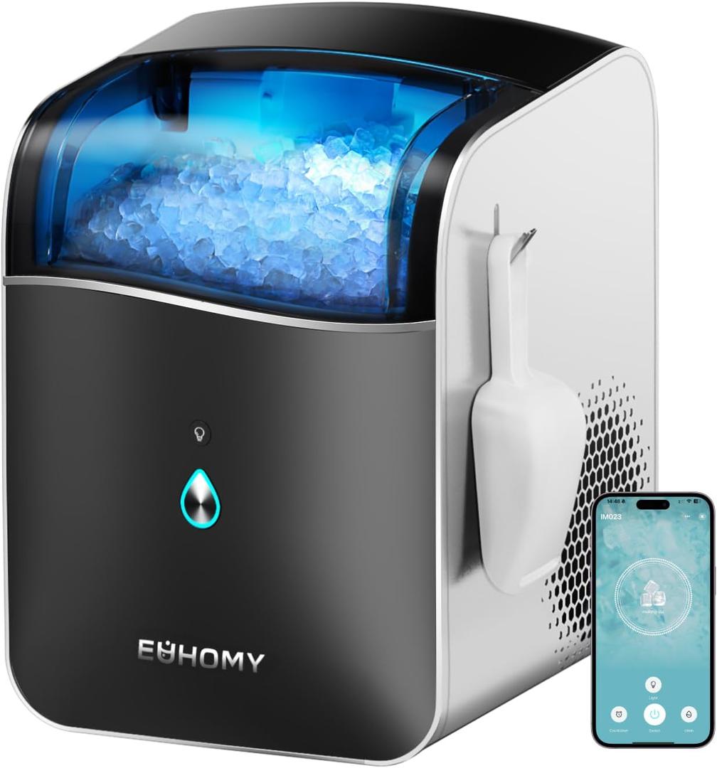 EUHOMY Smart Nugget Ice Maker Countertop, Portable Sonic Ice Maker with APP Control, 40lbs/24H, Ready in 8 Mins, Self-Cleaning, Pebble Ice Machine with Hanging Ice Scoop for Home/Kitchen/Office (Black)