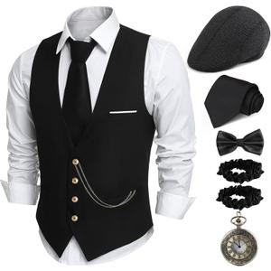 PARTTELY 1920s Mens Costume,Roaring 20s Costumes for Men,1920S Mens Outfit Accessories with Vest Hat Pocket Watch Tie Armband, medium