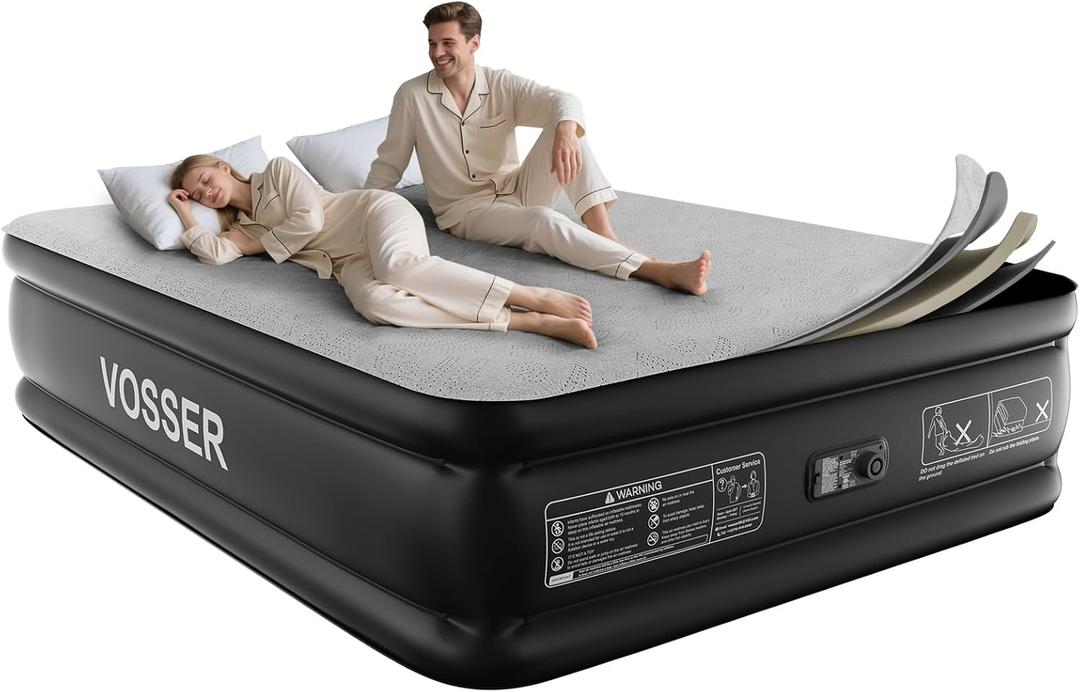 Queen Air Mattress with Built-in Pump,18'' Foam Topper Blow Up Mattress,Luxury Inflatable Mattress 2 Mins Self-Inflation/Deflation - Breathable and Flatness-Free for Camping, Home & Guests (Grey)