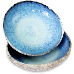 Roro 8 Inch Handmade Coral Ceramic Stoneware Bowls 1 Pack - Rustic Charm, Tropical Style, Coral Blue with Rustic Textured Finish, Serving Bowls for Beach