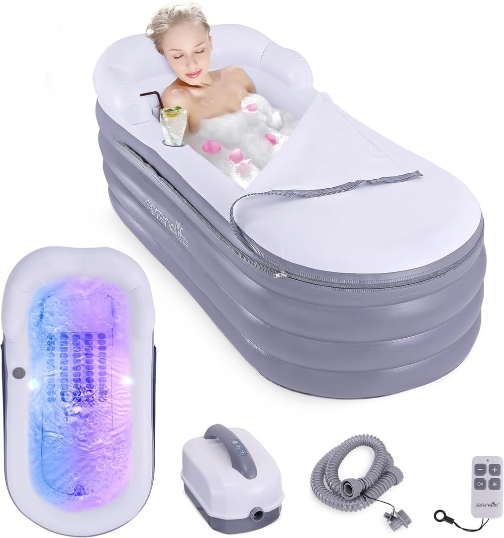 SereneLife Spa Bathtub with Bubble Massage Mat  Inflatable Bathtub with Pillow, Cup Holder, Remote Control for LED Lighting, Backrest and Armrests, Supporting Up To 190 lbs. 66" x 30" x 26" (Charcoal)