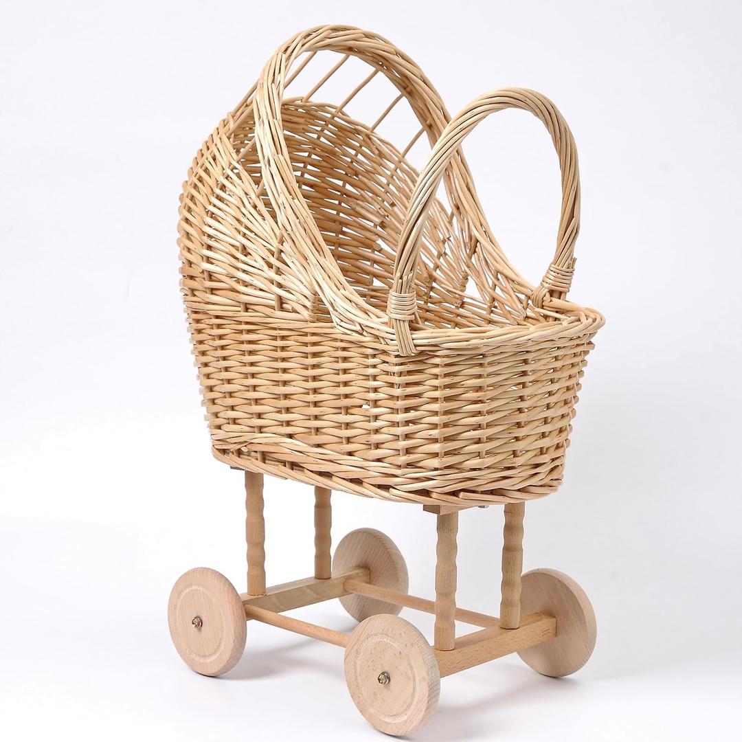 Decorative Wicker Carriage-Shaped Basket for Baby Shower Centerpieces - Woven Rattan Flower Basket, Vintage Willow Planter for Table Decor, Boho Party Decoration & Photography Prop, Large