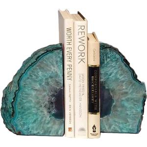 AMOYSTONE Agate Geode Bookends Heavy Duty Stone Book Ends Decorative Bookend Holder Home Office Decor with Rubber Bumpers Teal 1 Pair, 2-3 LBS