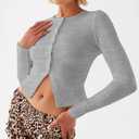 ICNGLKSND Women Long Sleeve Button Front Knit Crop Tops Front Split Crewneck Slim Fit Sexy Crop Tee Short Shirt Blouse (Gray, S)