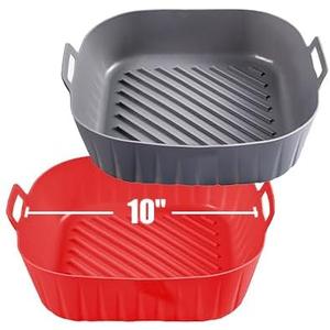 Golden Associate Silicone Liners Square for Air Fryer, 2 Pcs Non-stick Food-grade Reusable Basket Silicone Pot Baking Tray Airfryer Accessories, Top Size 10 inches, Bottom Size 9 inches