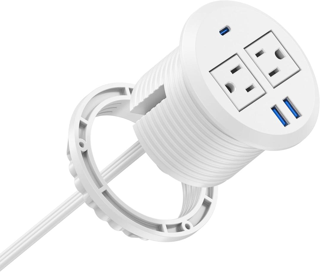 Jgstkcity 2-in-1 Desktop Power Grommet with USB-C Output, 125V, 12A, 2 AC Outlets, 3 USB Charging Ports, White