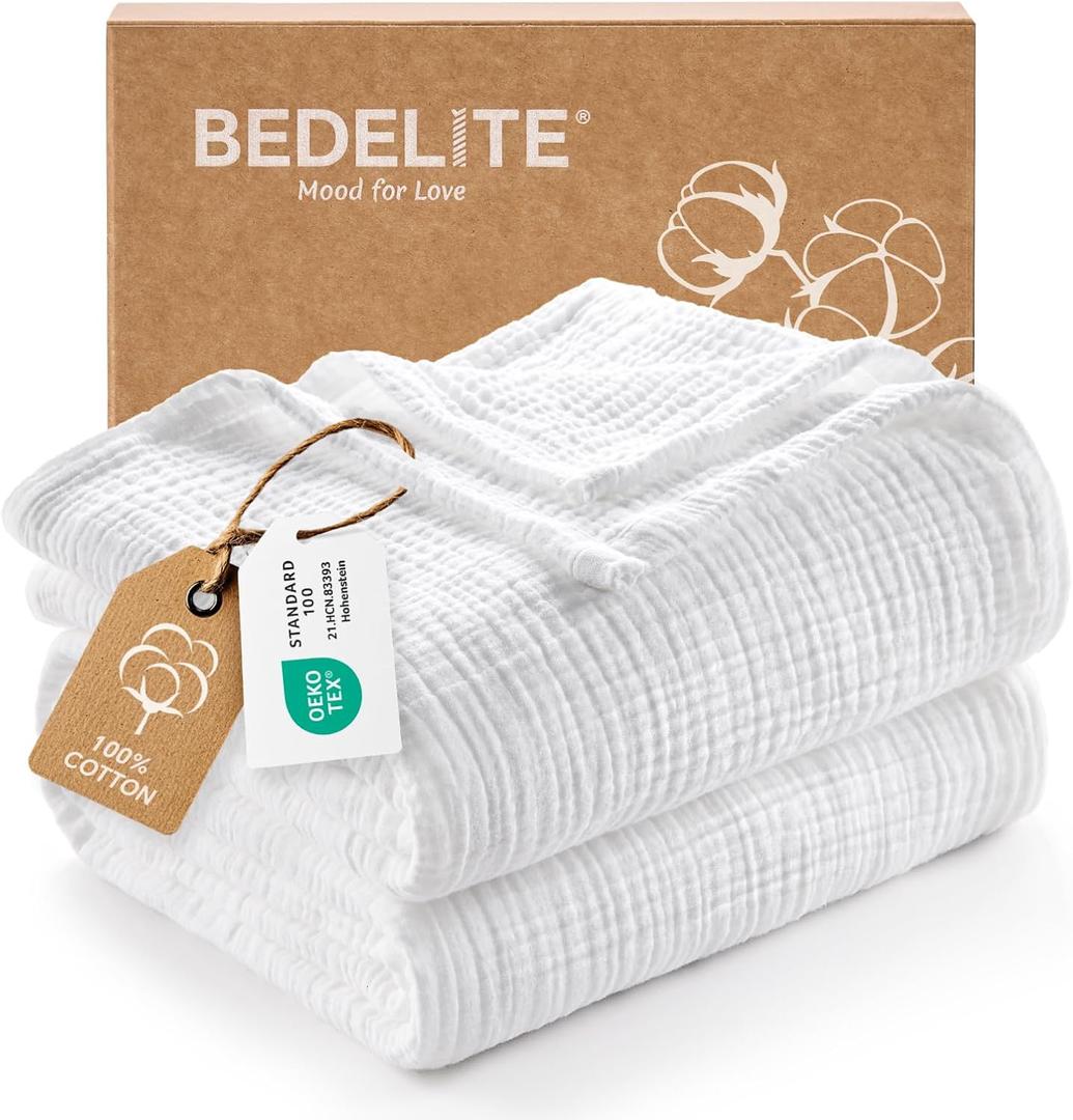 BEDELITE 100% Cotton Muslin Blankets for Adults - 4-Layer King Size Breathable and Lightweight Gauze Blanket for Couch, Bed, Travel and Summer, Soft & Cozy Gift for Women, White, 108"x90"