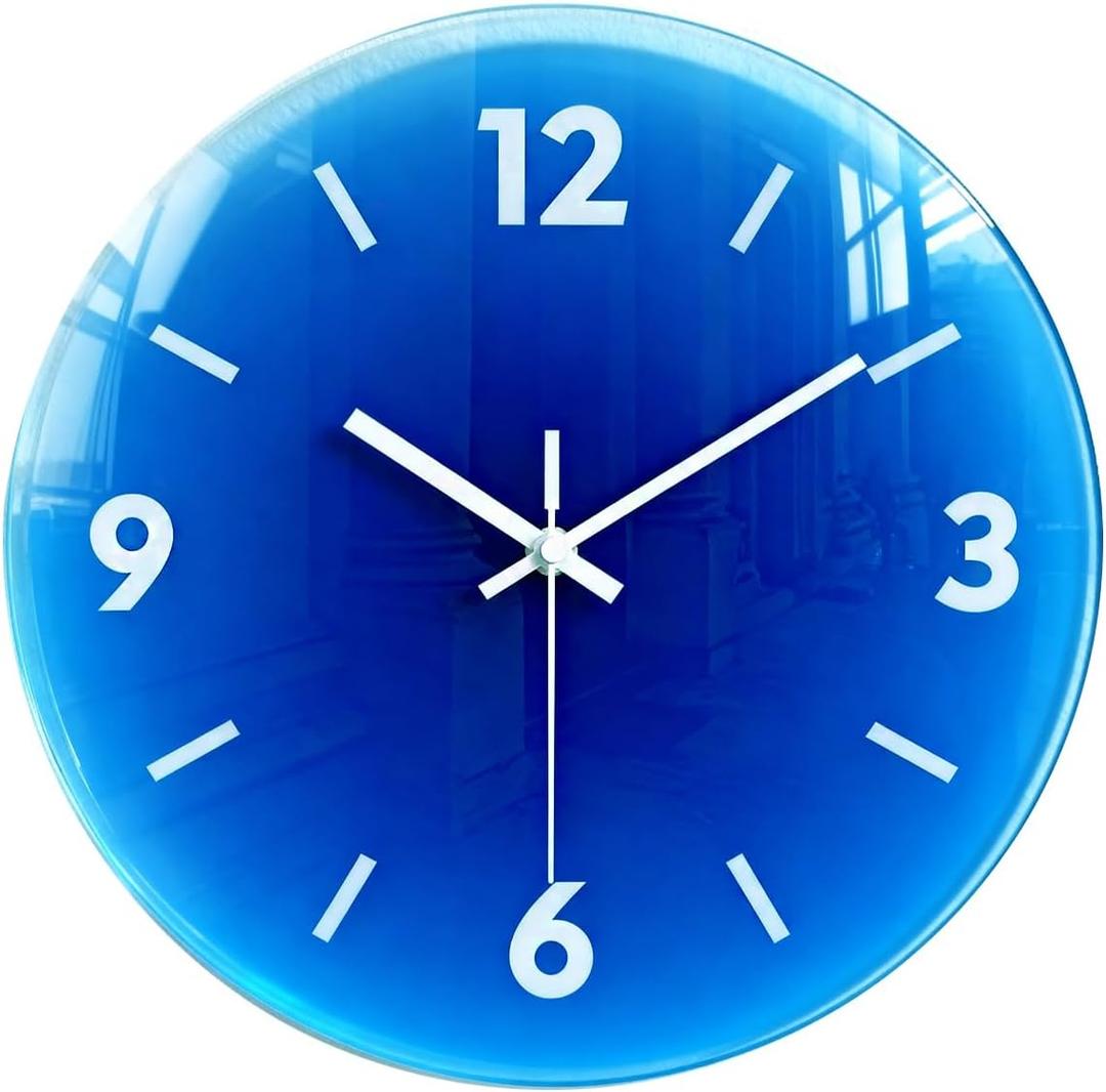 12 in Modern Wall Clock, Silent Glass Clock, Decorative Wall Clocks for Living Room Kitchen Office Bedroom (Navy Blue)