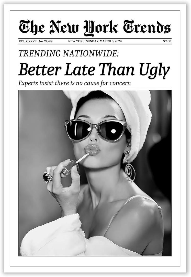 Beshdomp Vintage Better Late Than Ugly Newspaper Posters Black And White Canvas Wall Art Magazine Headline Preppy Prints Painting For Bathroom Home Bedroom Dorm Wall Decor 12x16in Unframed (Multi 006)