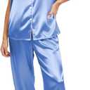 Ekouaer Womens Silky Satin Pajamas Set Short Sleeve Button Down Sleepwear 2 Piece Lounge Set Pj Set (X-Large, Blue)