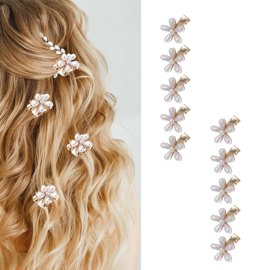 10 Pcs Mini Pearl Hair Claw Clips with Flower Design, Sweet Artificial Bangs Clips Decorative Hair Accessories for Women Girls (Claw Clips)