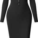 OQQ Women's Long Sleeve Maxi Dress Ribbed Back Slit Button Down Bodycon Soft Going Out Elegant Party Dresses (Large, Black)