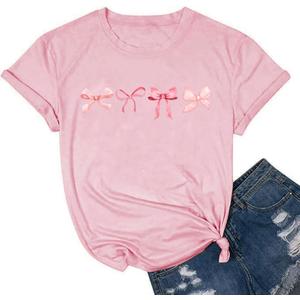 Bows Shirts for Women Cute Pink Bow Ribbon Aesthetic Coquette T-Shirt Short Sleeve Casual Summer Tee Top (Pink, M)