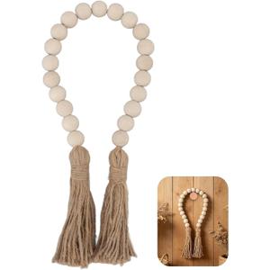 Buachois Farmhouse Beads 24in Wood Bead Garland with Tassels Rustic Country Decor Prayer Wall Hanging Bead Decoration for Gifts Ornamen