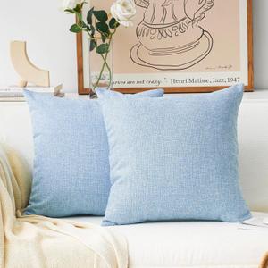  65x65 Cushion Cover Set of 2 Linen Large Blue Cushion Cover for Patio Sofa Bed Handmade Throw Pillows, 65x65 cm, 26 inches, Light Blue