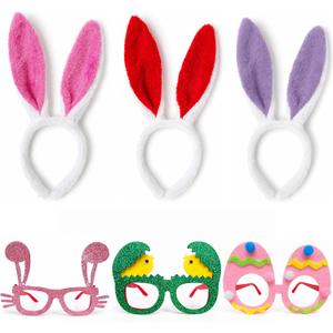 Easter Headbands and Glasses Set, 6PCS Bunny Ear Headbands & Funny Easter Glasses, Cute Photo Props for Easter (S)