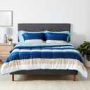 Amazon Basics Full/Queen Comforter Set with Sheets, 7-Piece Blue Stripe Bedding, Lightweight Microfiber Bed-in-a-Bag, Striped