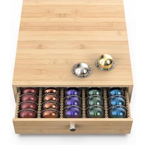 for Nespresso Vertuo Capsules (NV145) - Premium Bamboo Coffee Pod Drawer, 45 Big or 60 Small Vertuoline Pods Organizer - 13.25"Wx14"Dx3.9"H (Natural) (Wider 60 Capacity)