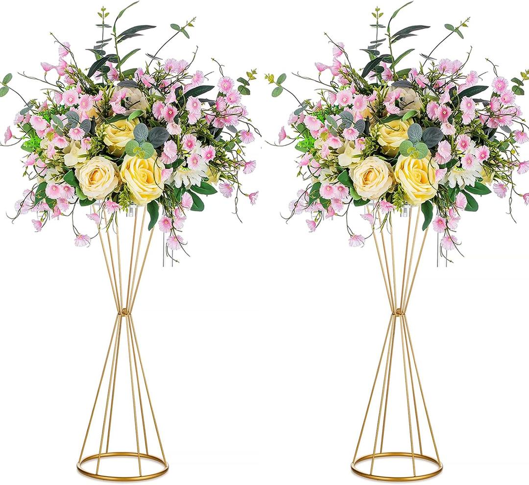 Sziqiqi Gold Geometric Centerpiece Metal Wedding Flower Stand, 27in, 2Pcs