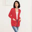 Women's Open Front Cardigan with Pockets Long Sleeve Solid Color Lightweight Knit Sweater (Red, S)