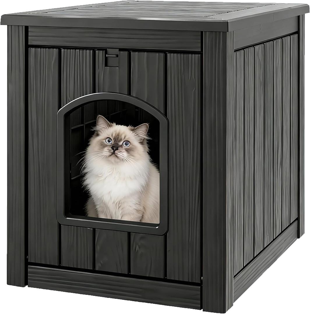 Litter Box Enclosure, Waterproof & Weatherproof Plastic Cat House for Indoor Outdoor Use, Multi-Functional Hidden Litter Box Furniture for Living Room, Backyard, Patio, Garage (Black)