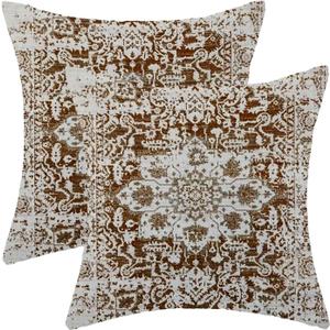 AEIOAE Boho Pillow Covers 18x18 Inch Set of 2,Brown Beige Carpet Pattern Throw Pillows Case,Ethnic Design Retro Outdoor Decorative Square Linen Farmhouse Decor Cushion Covers for Home Sofa Couch