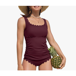 Womens Two Piece Ribbed Tankini Swimsuits Scalloped Tankini Tops with Bottoms Tummy Control Bathing Suits XL
