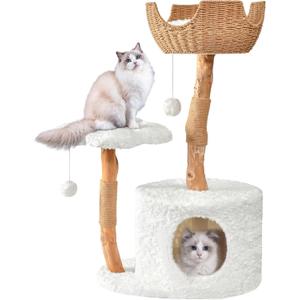 Easyego Modern Cat Tree, 39.9" Aesthetic Wood Cat Tree Tower for Large Cats, Luxury Cat Condo with Scratching Posts and Flower Platforms, Cat Furniture, White