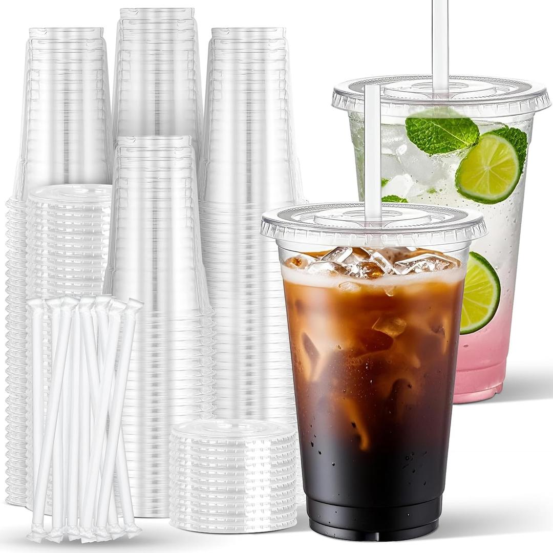Charmount 24 oz Clear Plastic Cups with Lids and Straws, 100 Sets Disposable To Go Cups for Cold Drinks, Iced Coffee, Coffee Bar Accessories, Smoothies