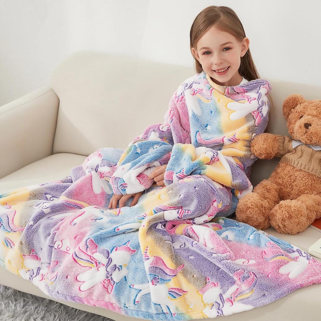 Softan Kids Snuggies Wearable Fleece Blanket with Sleeves & Foot Pocket for Kids Girls Boys, Lightweight Soft Blanket,Glow in the dark Rainbow Unicorn
