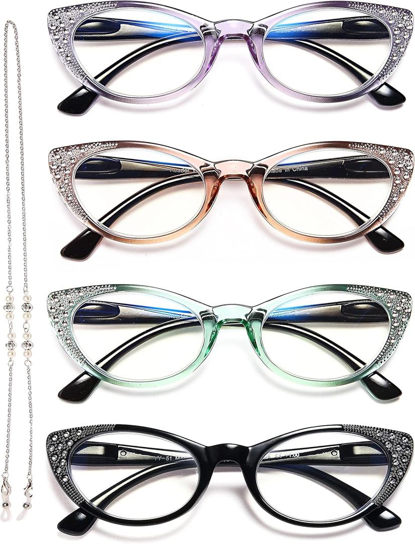 EYEURL Cat Eye Reading Glasses for Women, Blue Light Blocking 4 Pack Ladies Fashion Readers, Anti Glare Eyeglasses with Flexible Spring Hinges 2.00
