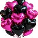 TONIFUL 30Pcs 18 Inch Black Hot Pink Balloons Black Rose Pink Heart Shape Foil Mylar Banners Decoration for Birthday Valentine's Day Wedding Bridal Shower Anniversary Engagement Party Supplies