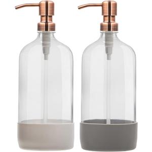 32 oz Glass Pump Bottle Rustproof Stainless Steel Pump, Funnel, and Lids. Modern Farmhouse Vintage Jar, Large Glass Shampoo Bottles with Pump and Laundry Soap Dispenser - Rose Gold