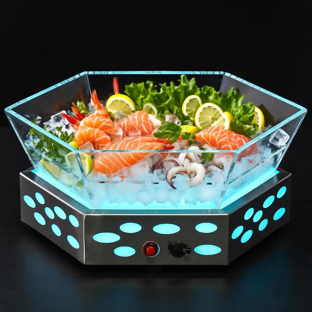 Lighted Ice Chilled Serving Tray with Colorful Adjustable Lighting for Parties Sashimi Shrimp Cocktail Chilled Party Platter Cold Food Buffet Server for Catering Serving Dish Veggie Drinks (11.8x4.7inch)