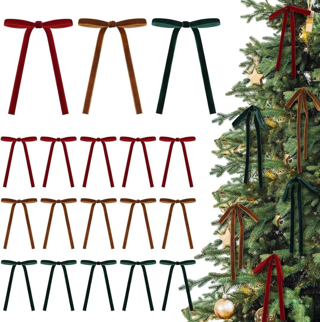 Cooper,Dark Green 24 Pcs Velvet Bows Christmas Tree Ornaments Valentines Day Bows Decoration for Garland Home Coquette Wedding Decor (5 x 7 Inch,Width of 3/8",Dark Red)