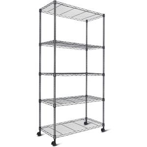 Whitmor 5 Tier Shelving Unit, Adjustable Storage Shelves with Wheels, 400 lbs Capacity per Shelf, Max 2000 lbs Total for Pantry, Kitchen, Garage, 30" L x 14" W x 60" H, Black