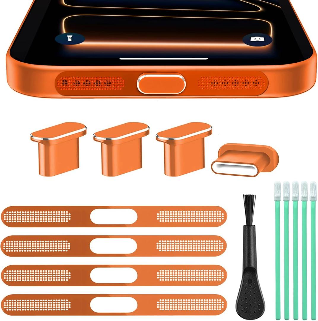 USB C Dust Plug Port Cover, Aluminum Type C Charging Port Plug Cover with Speaker Protection Dust Covers Phone Accessories for iPhone 17 Pro Max (Orange, for iPhone 17 Pro Max)