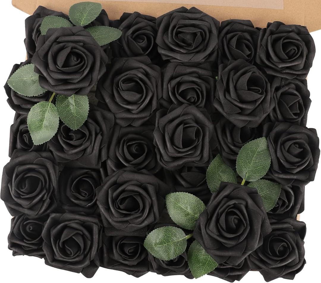MACTING Artificial Black Rose Flowers 30PCS Real Touch Fake Flowers with Stem Foam Roses for DIY Wedding Bouquet Gifts Table Centerpieces Party Bridal Shower Home Spring Valentines Day Decorations