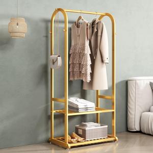 Gold Clothing Rack, Metal Garment Rack with Bottom Storage Shelves and 6 Side Hooks, modern Sturdy clothes racks for hanging clothes, Freestanding Wardrobe Rack for Bedroom or Boutique Size:  L: 31.5 inches