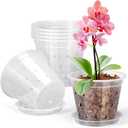 FUIJOL Orchid Pot, 6 Pack 4 Inch (Top Diameter) Clear Orchid Pots with Holes and Saucers for Repotting, Breathable Slotted Plastic Orchid Planters with Drainage for Root Health Indoor Outdoor