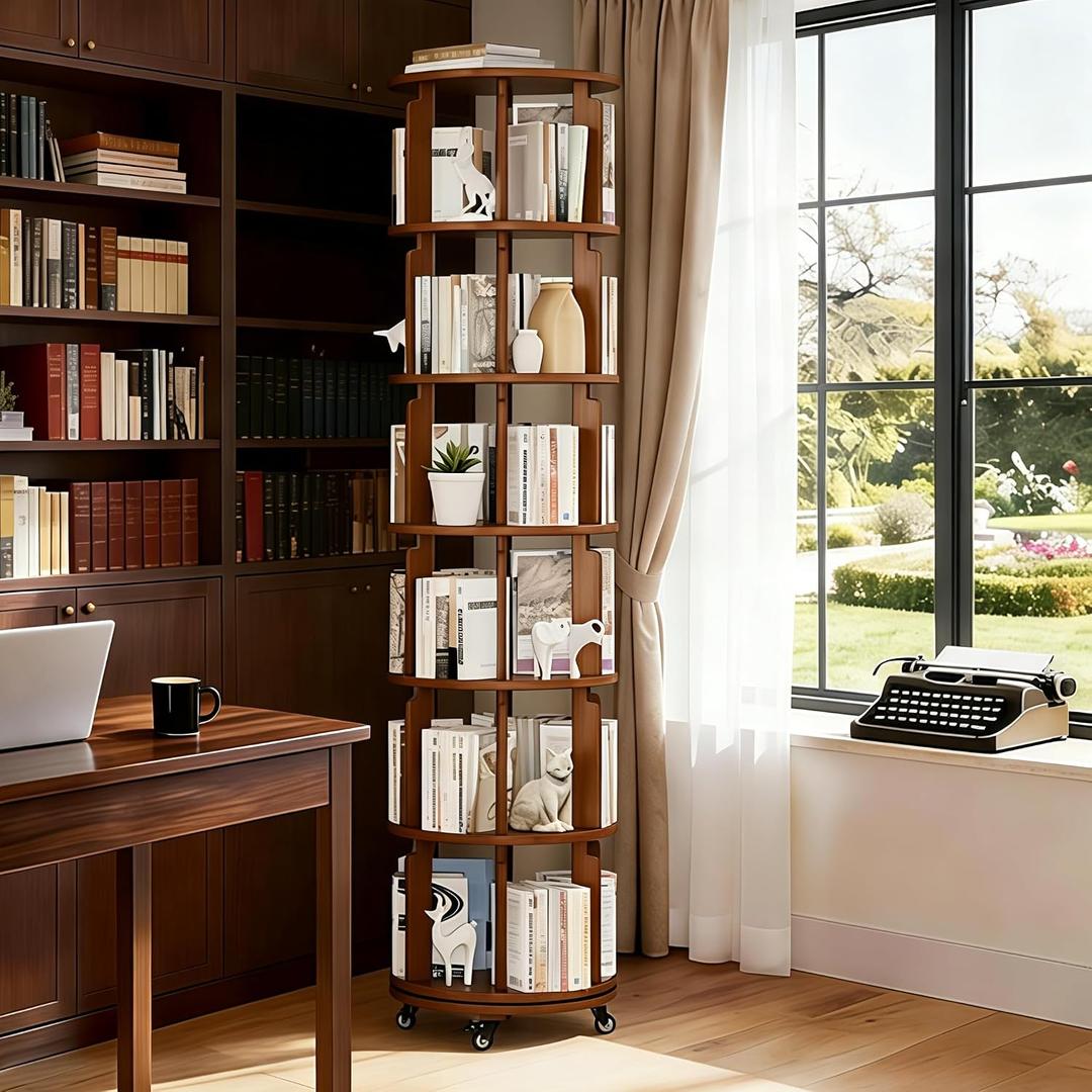 6 Tier Rotating Solid Wood Bookshelf, Spinning Bookshelf Lazy Susan on Wheels, Circular Book Shelf Rotating, Revolving 360 Book Shelf for Small Spaces, Corner Book Shelf for Bedroom (Walnut)