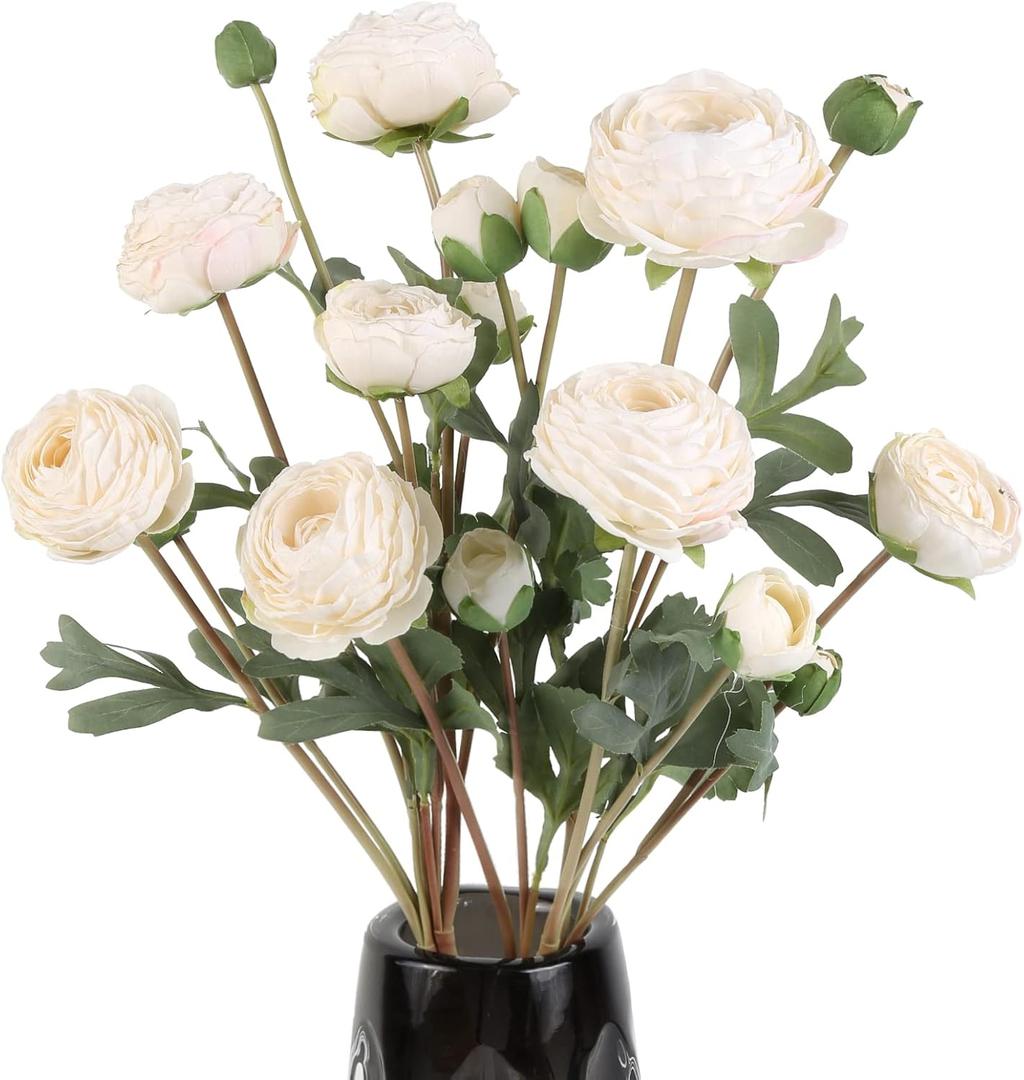 White Artificial Ranunculus Flowers Bouquets,18 Heads Vintage Silk Flowers Buttercup Long Stems Fake flower bouquets Arrangement for Wedding Bride Centerpiece Floral Party Home Office Decor(White)